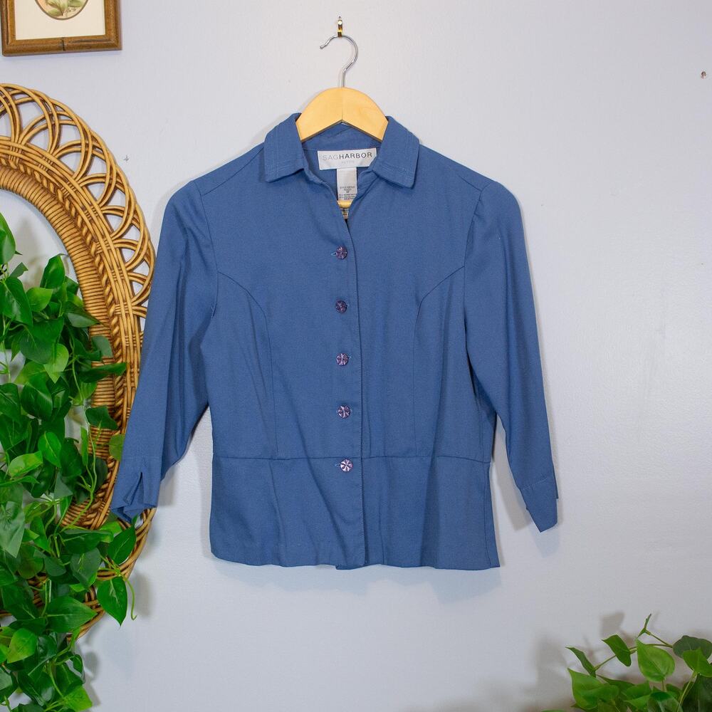 VTG 90s Blue Nylon Blouse Princess Seam Peplum Waist Career Top | Soft Summer